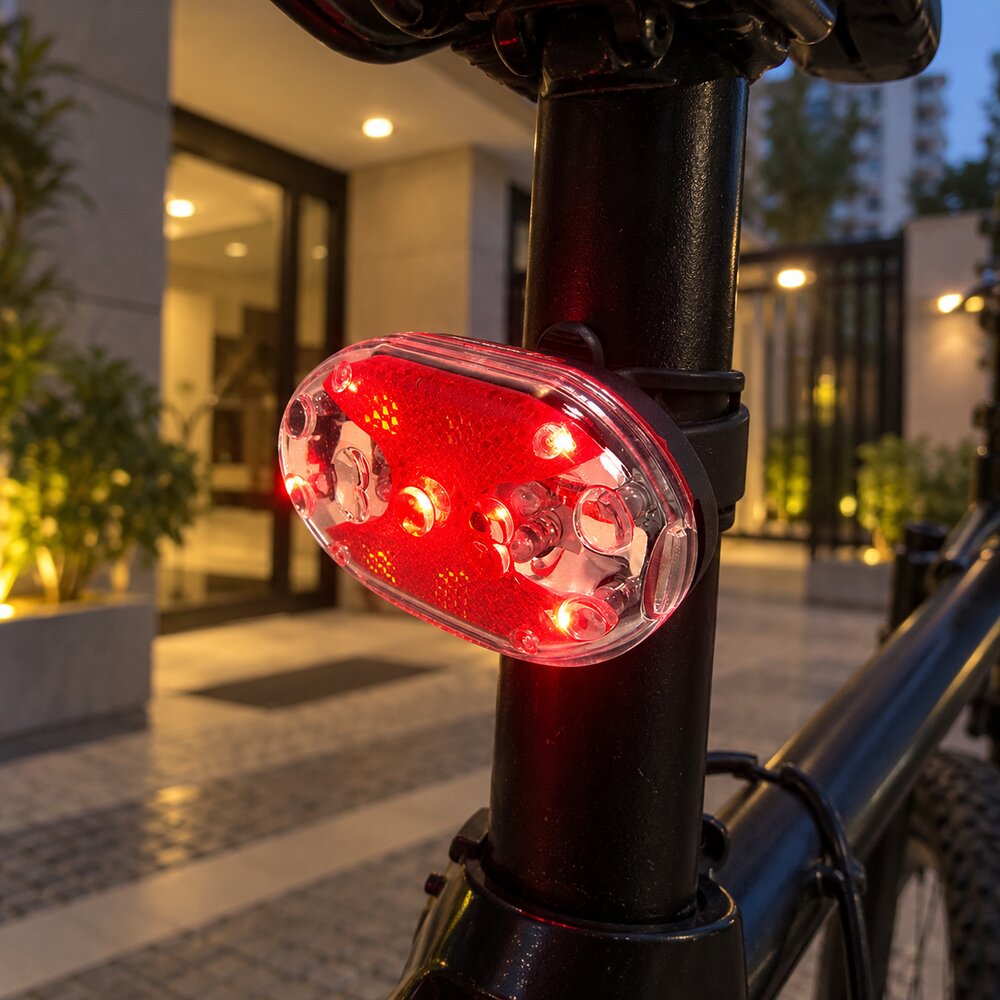 Luz traseira Atrio BI005 acesa em vermelho no canote de uma bicicleta, numa calçada à noite