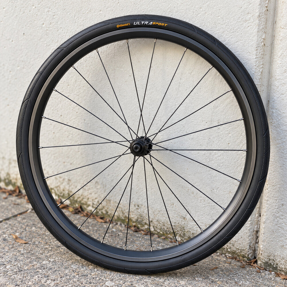 Pneu Continental Ultra Sport III montado em uma roda de estrada, encostada em uma parede