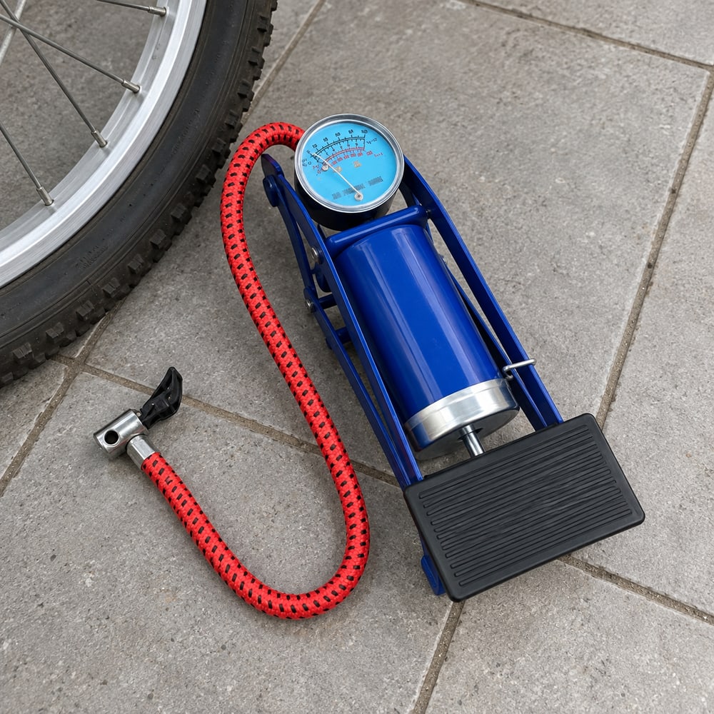 Bomba de ar de pedal EDA azul com manômetro e mangueira vermelha ao lado do pneu da bicicleta