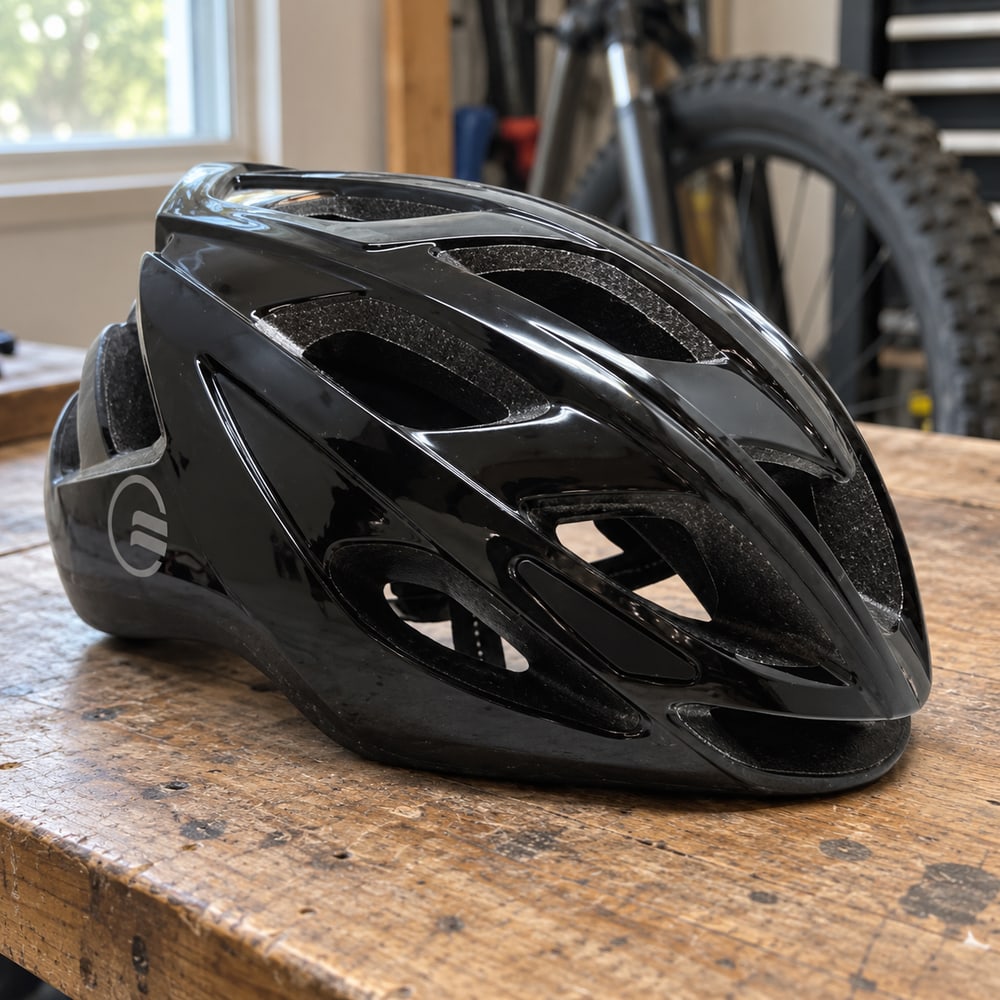 Capacete de ciclismo Elleven Inmold Race preto sobre a bancada da garagem