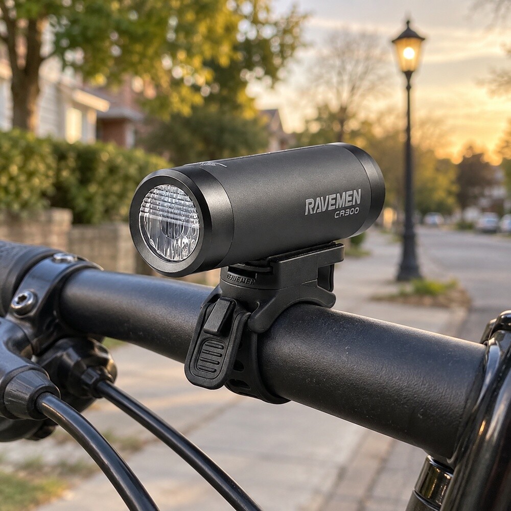Farol Ravemen CR300 cinza no guidão de uma bicicleta urbana, numa rua no fim da tarde