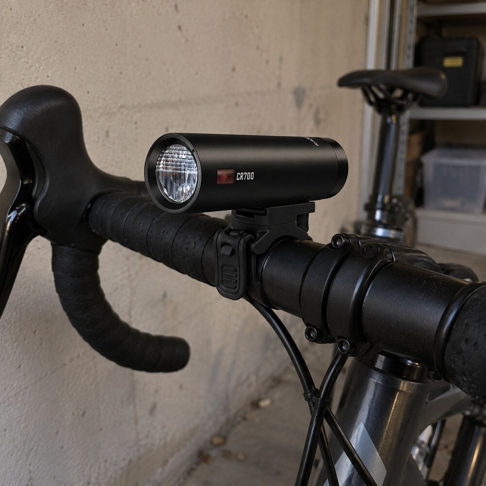 Farol Ravemen CR700 preto no guidão de uma bicicleta de estrada, numa garagem