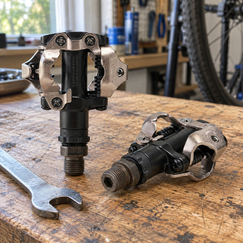 Par de pedais Shimano PD-M520 pretos sobre uma bancada
