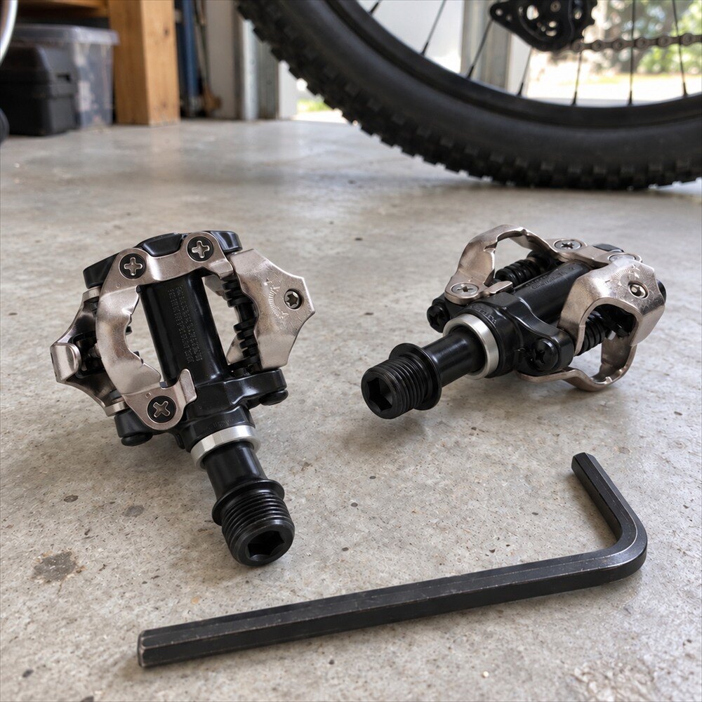 Par de pedais Shimano PD-M540 pretos no chão de uma garagem