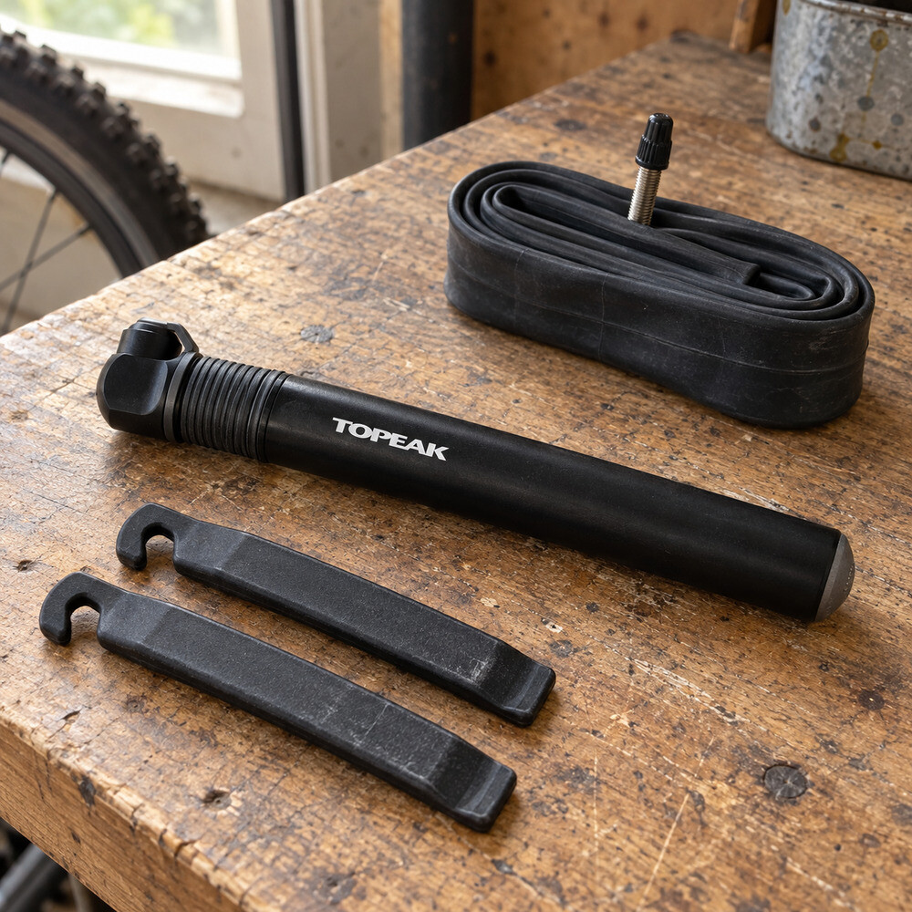 Mini bomba Topeak Two Timer XT preta sobre uma bancada de garagem