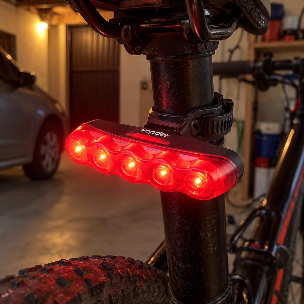 Lanterna traseira Vonder acesa em vermelho no canote de uma bicicleta, numa garagem