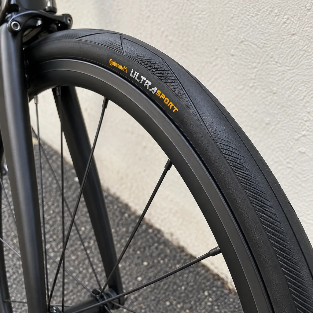 Lateral do pneu Continental Ultra Sport III montado na roda de uma bicicleta de estrada