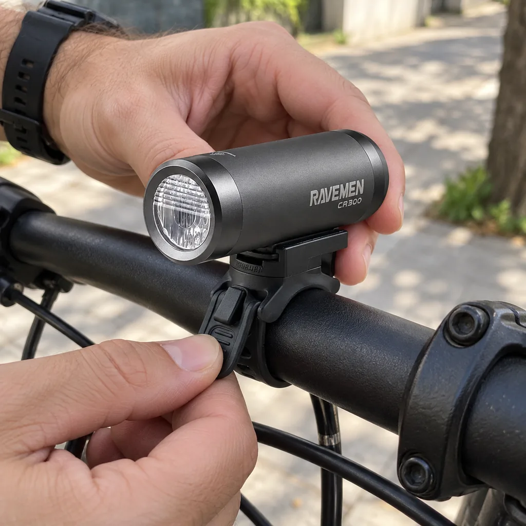 Mão fechando a cinta de silicone do suporte do farol Ravemen CR300 no guidão