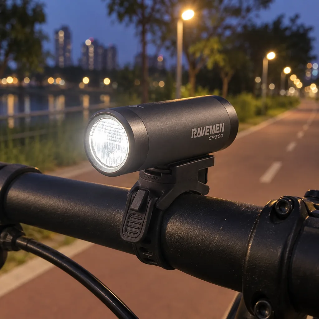 Farol Ravemen CR300 aceso no guidão de uma bicicleta, numa ciclovia ao anoitecer
