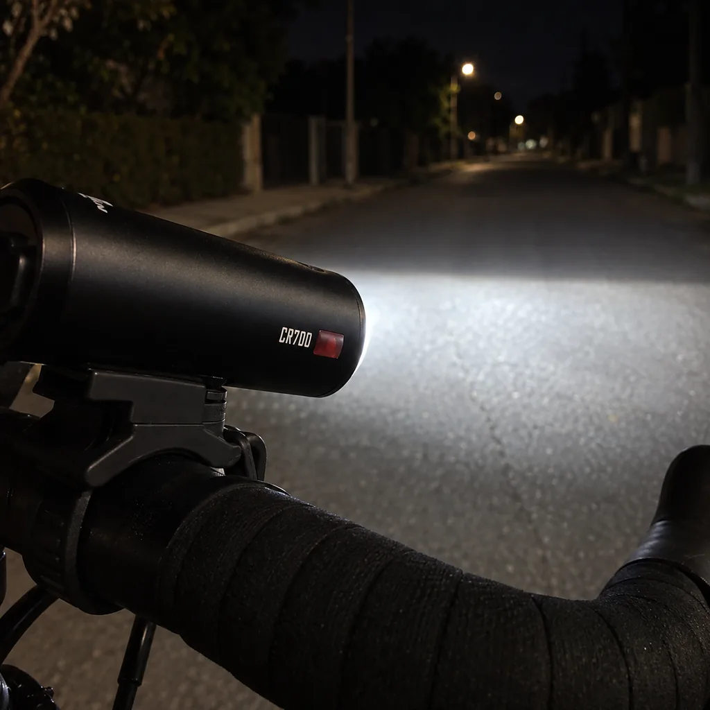 Farol Ravemen CR700 aceso no guidão, com o facho aberto no asfalto à noite