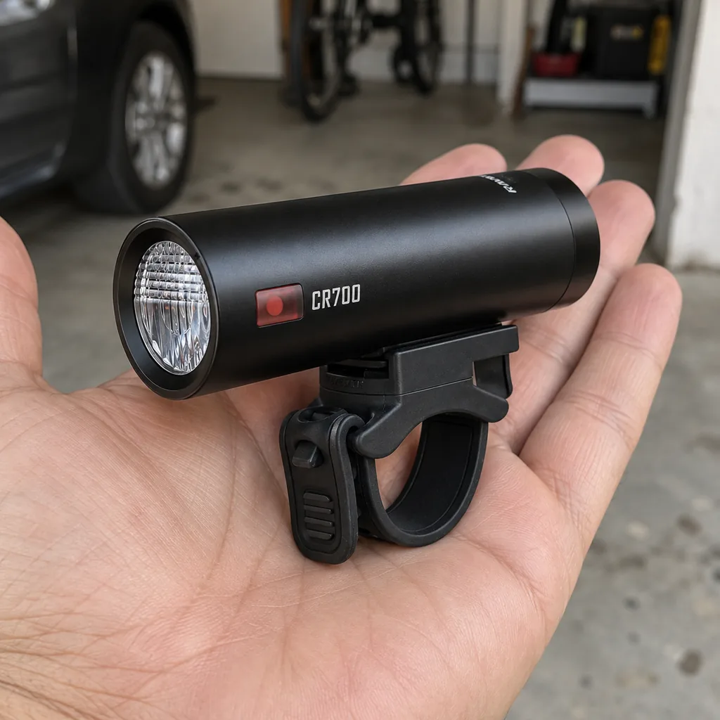 Farol Ravemen CR700 preto apoiado na palma da mão