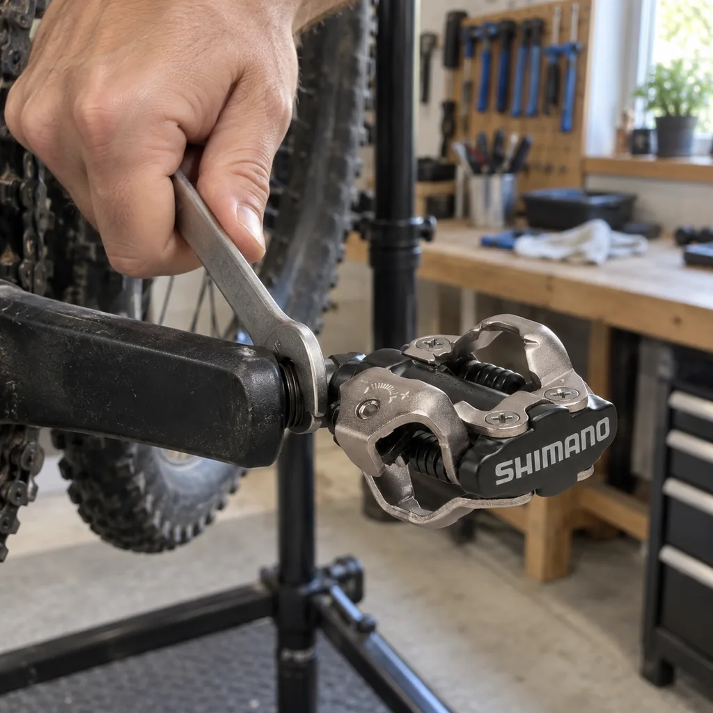Mão apertando o pedal Shimano PD-M520 no pedivela com uma chave de boca fina