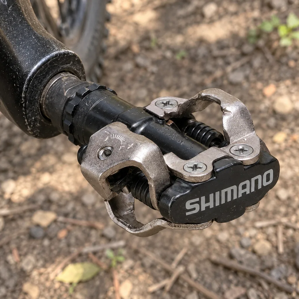 Pedal Shimano PD-M520 preto instalado no pedivela de uma mountain bike